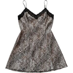 Y2K Intimate Essentials Leopard Print Silky Slip Dress Size M‎ Lace Trim Satin